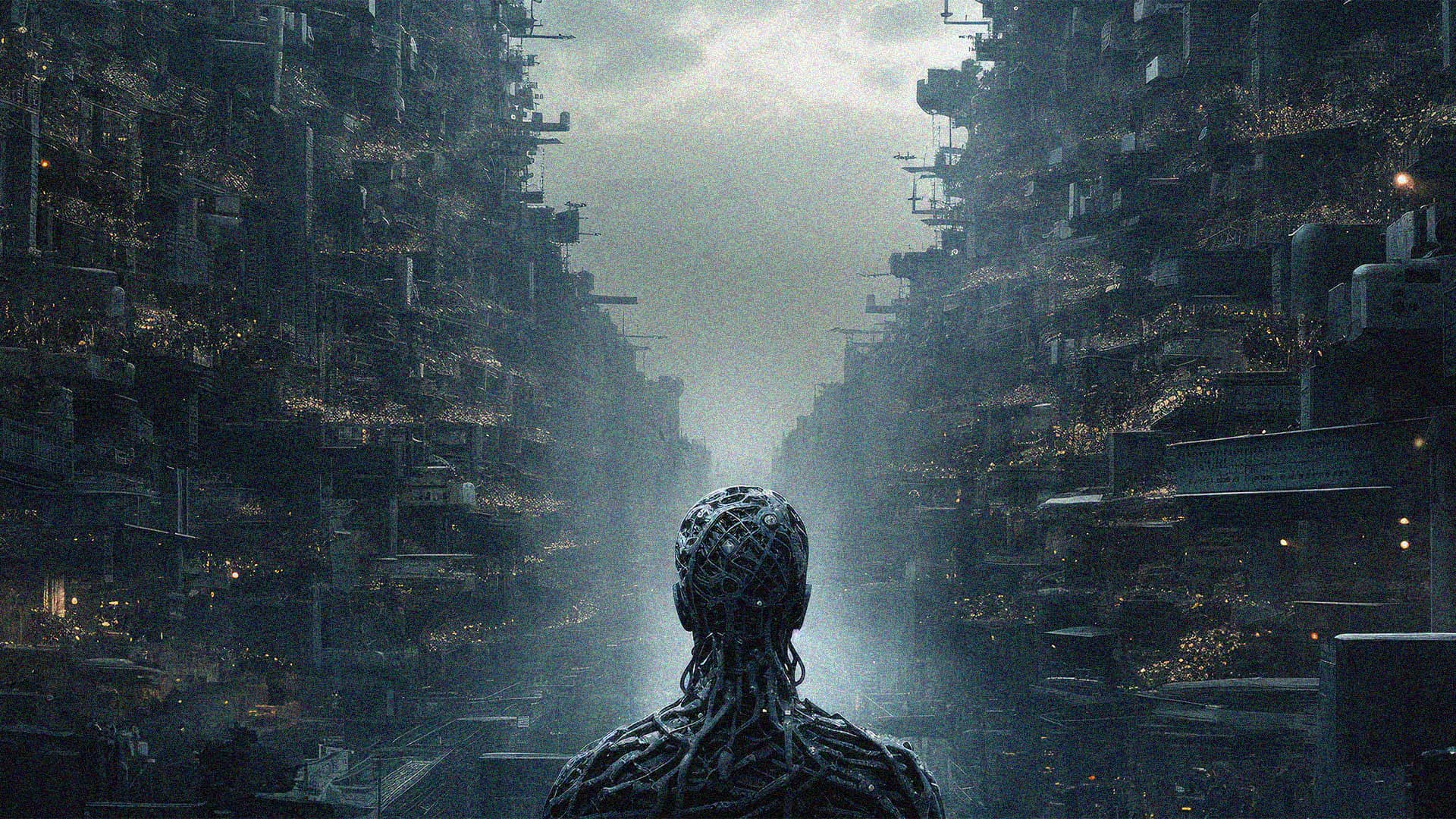 Robotic figure looking out into dystopian world of robot parts