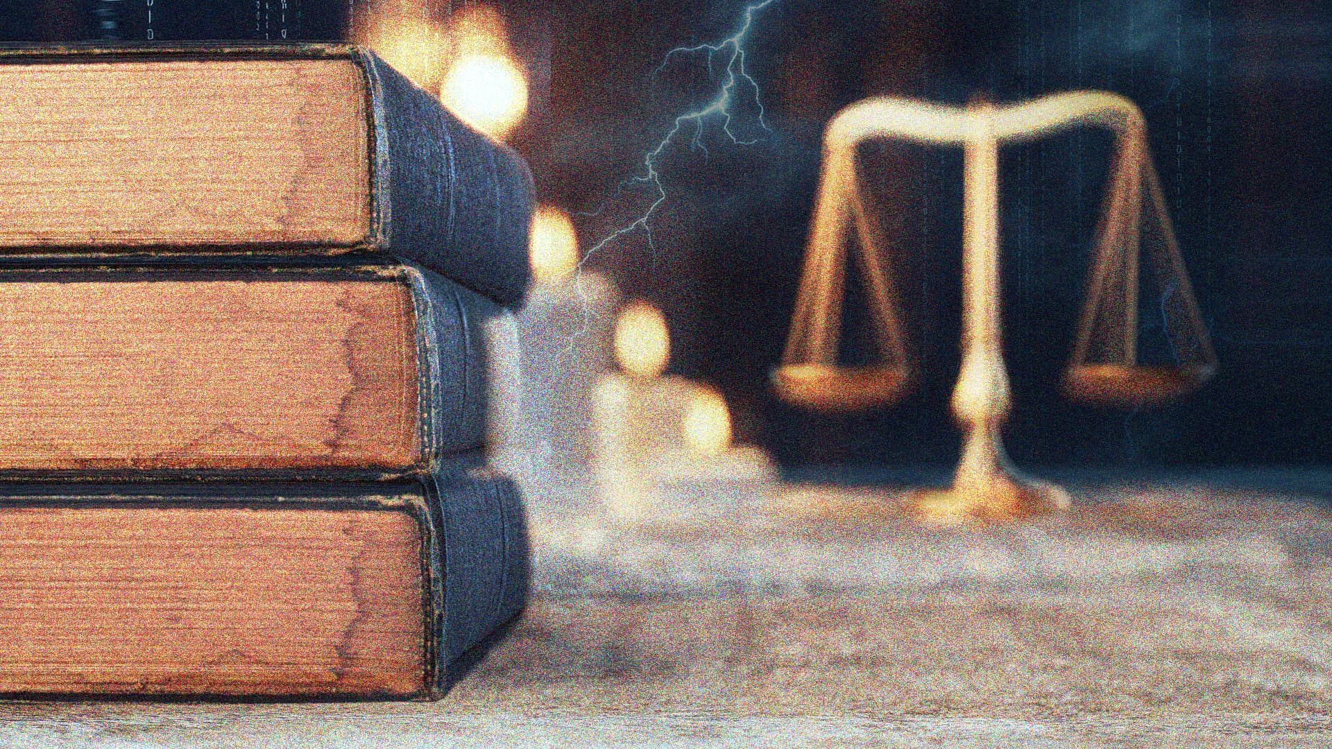 Stacked religious books with lightning faded in background and scales